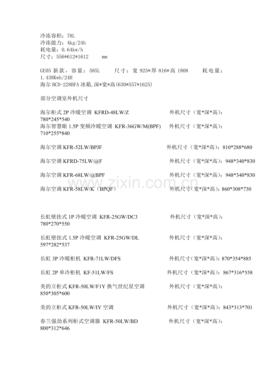 品牌冰箱、空调尺寸和基本常识.doc_第2页
