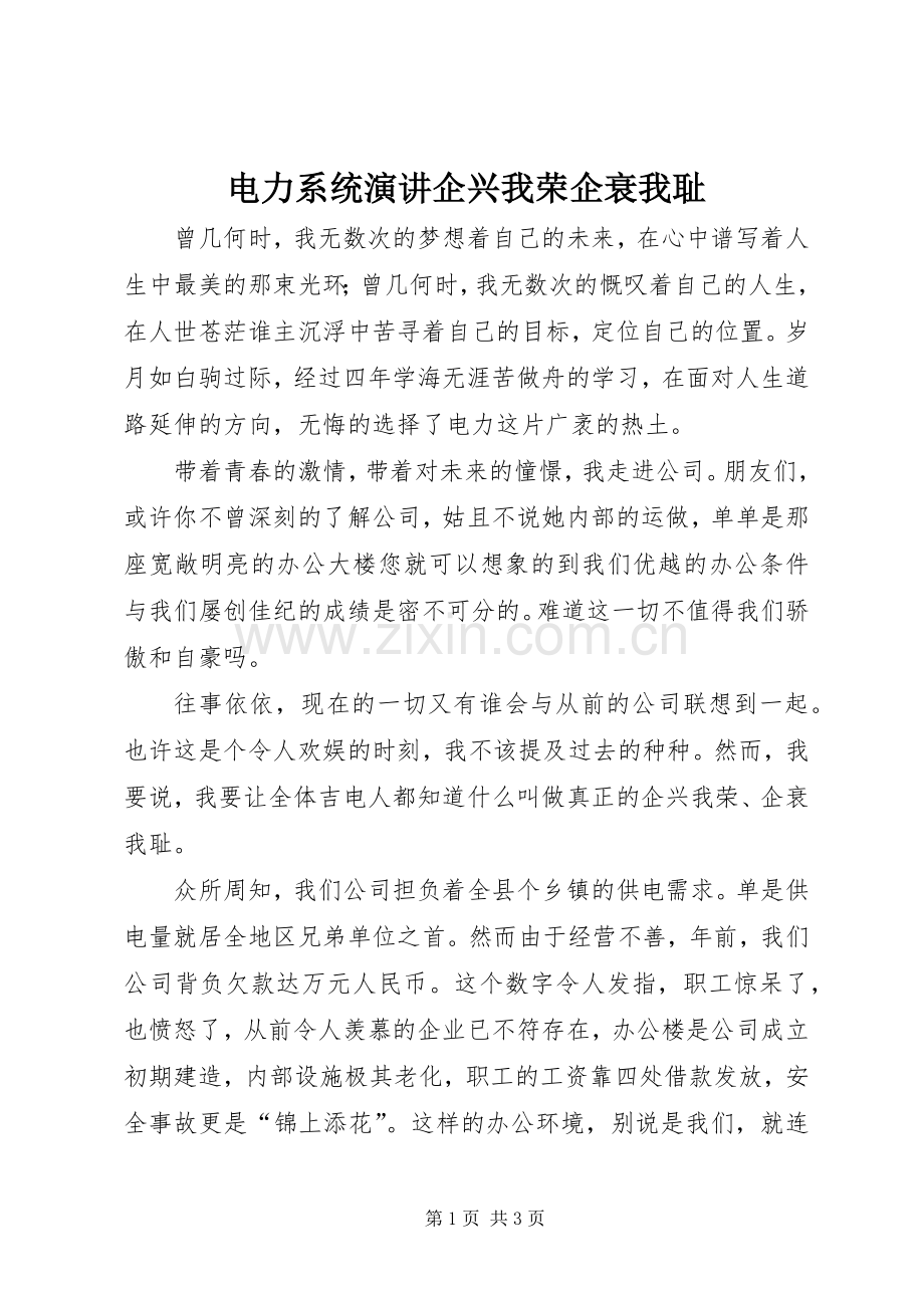 电力系统演讲企兴我荣企衰我耻.docx_第1页