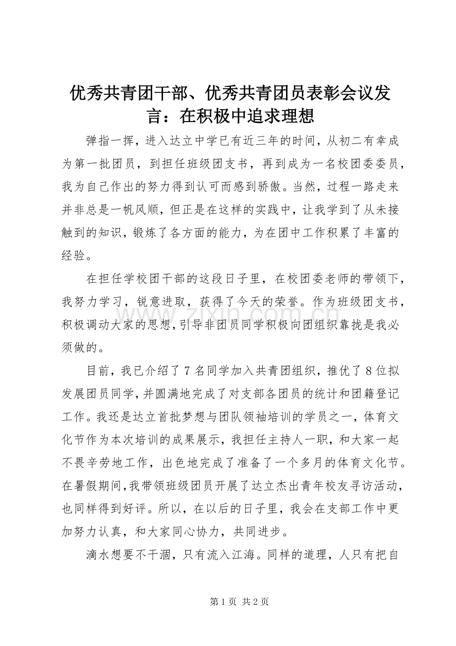 优秀共青团干部、优秀共青团员表彰会议发言：在积极中追求理想.docx_第1页