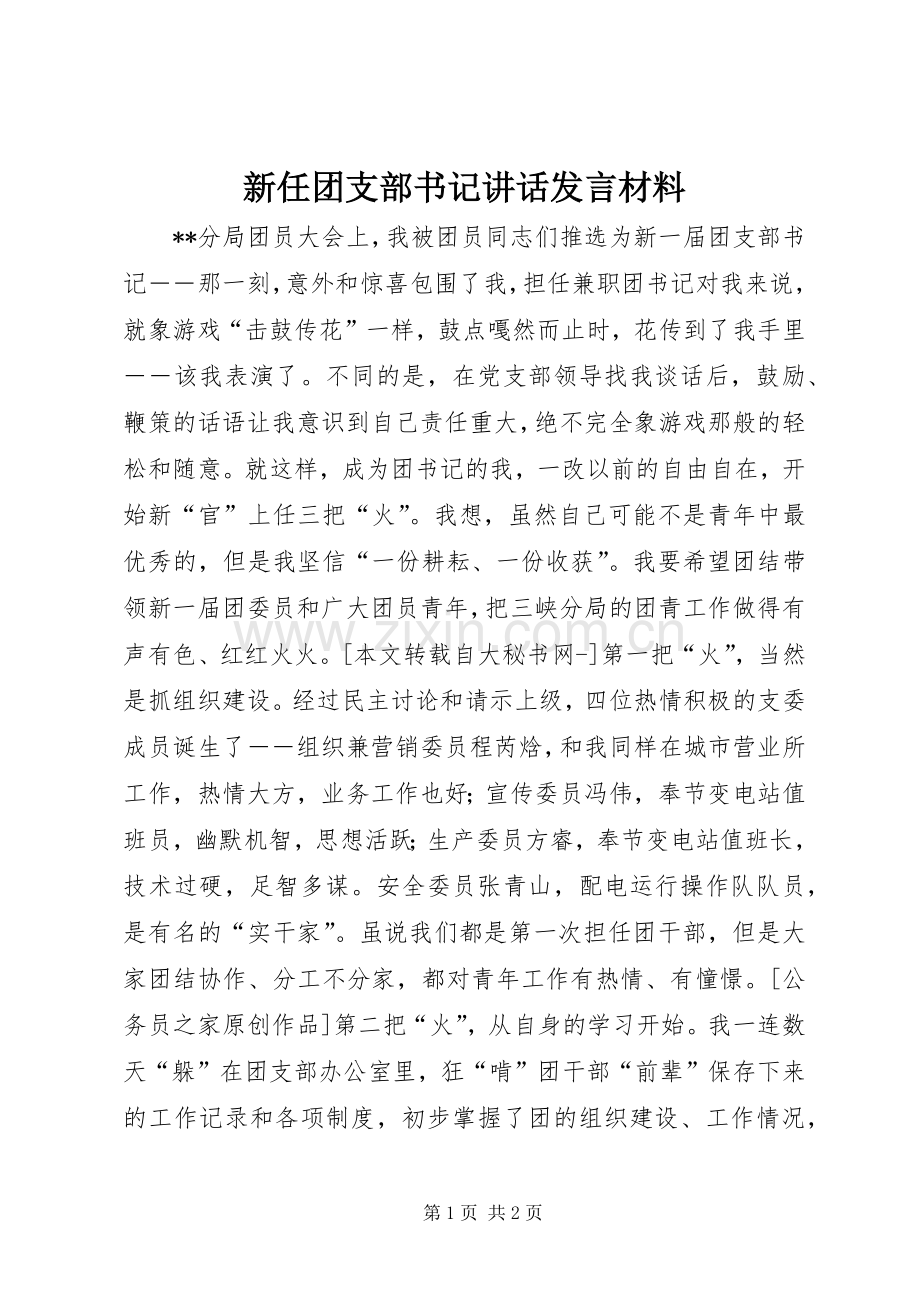 新任团支部书记讲话发言材料.docx_第1页