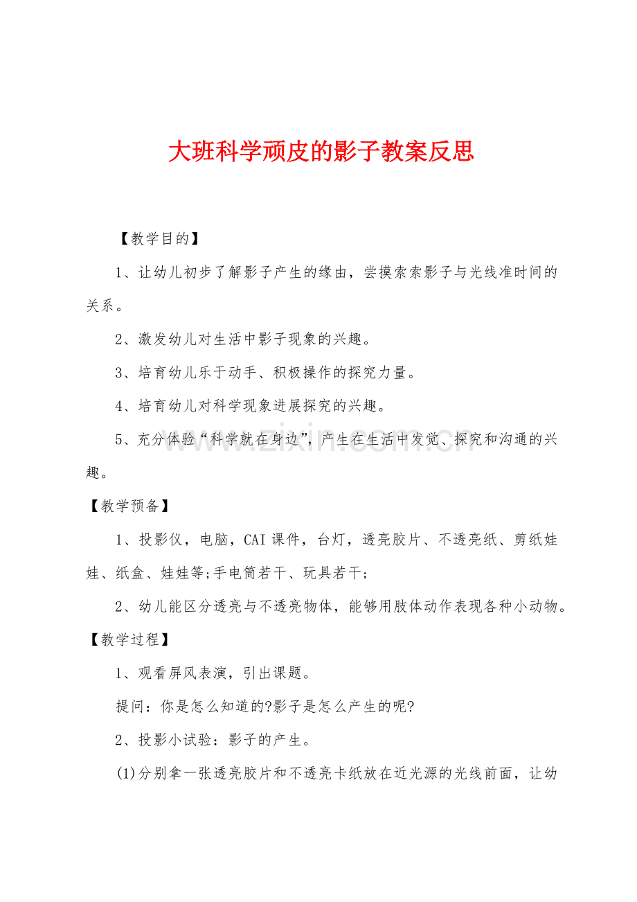 大班科学顽皮的影子教案反思.docx_第1页