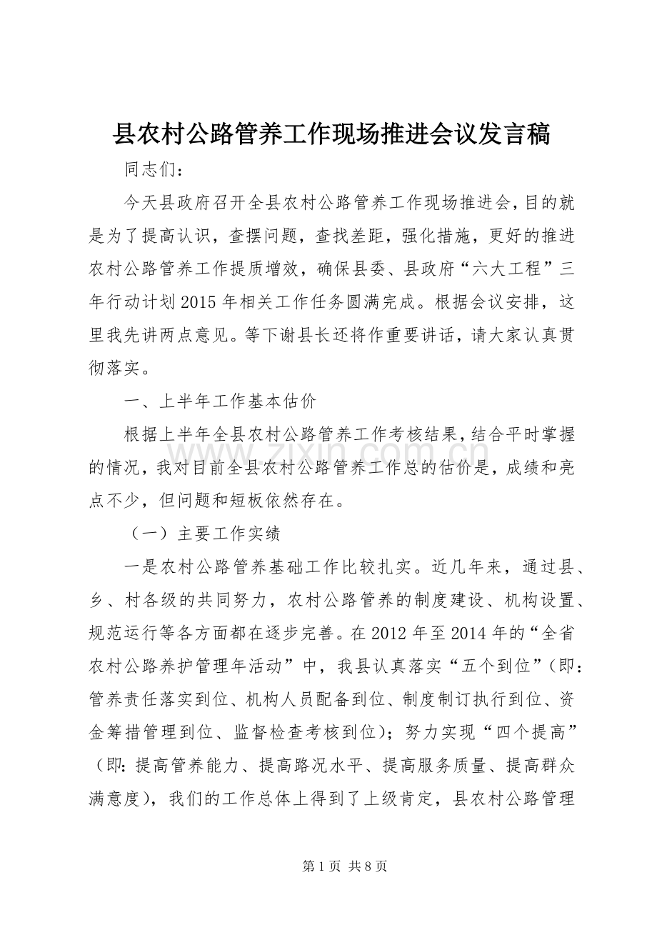 县农村公路管养工作现场推进会议发言稿.docx_第1页