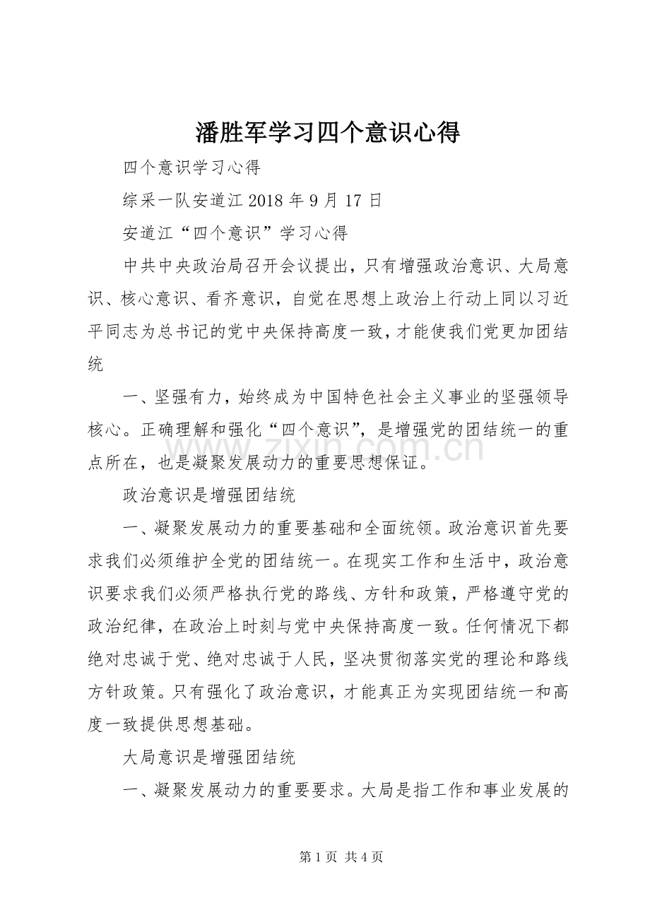 潘胜军学习四个意识心得.docx_第1页