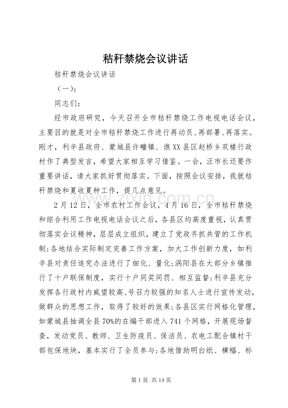 秸秆禁烧会议讲话.docx_第1页