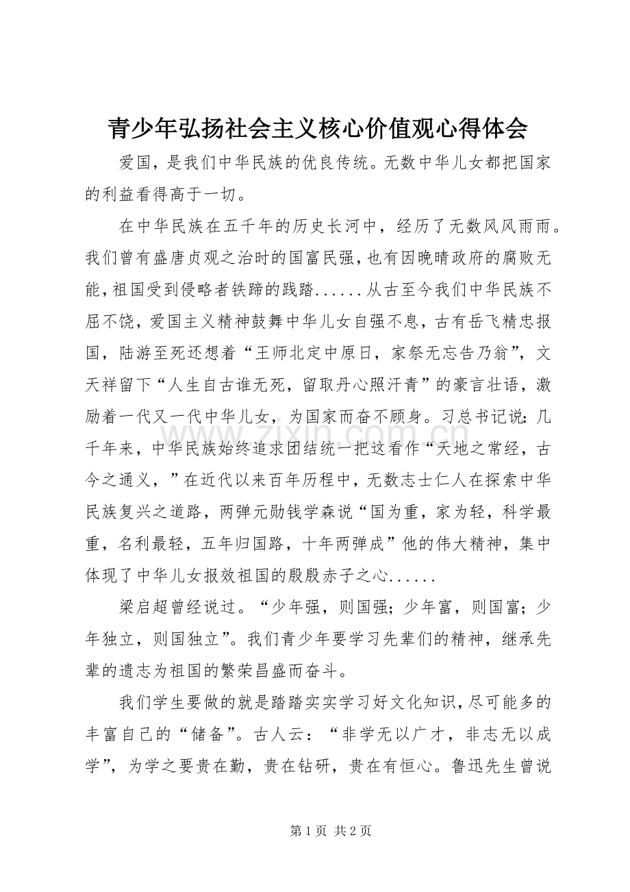 青少年弘扬社会主义核心价值观心得体会.docx_第1页