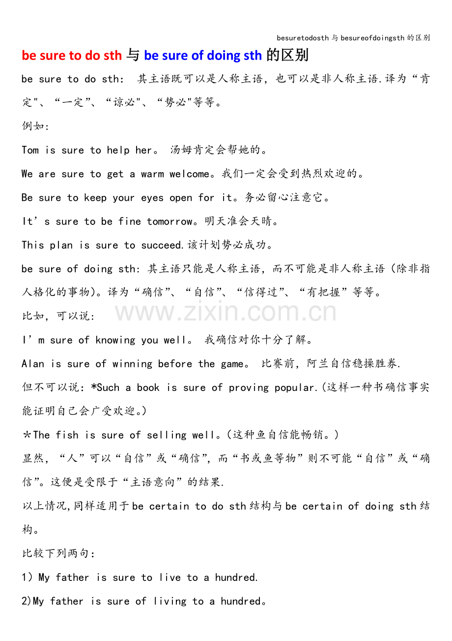 besuretodosth与besureofdoingsth的区别.doc_第1页