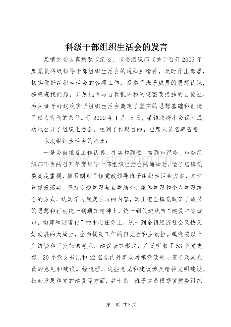 科级干部组织生活会的发言.docx_第1页