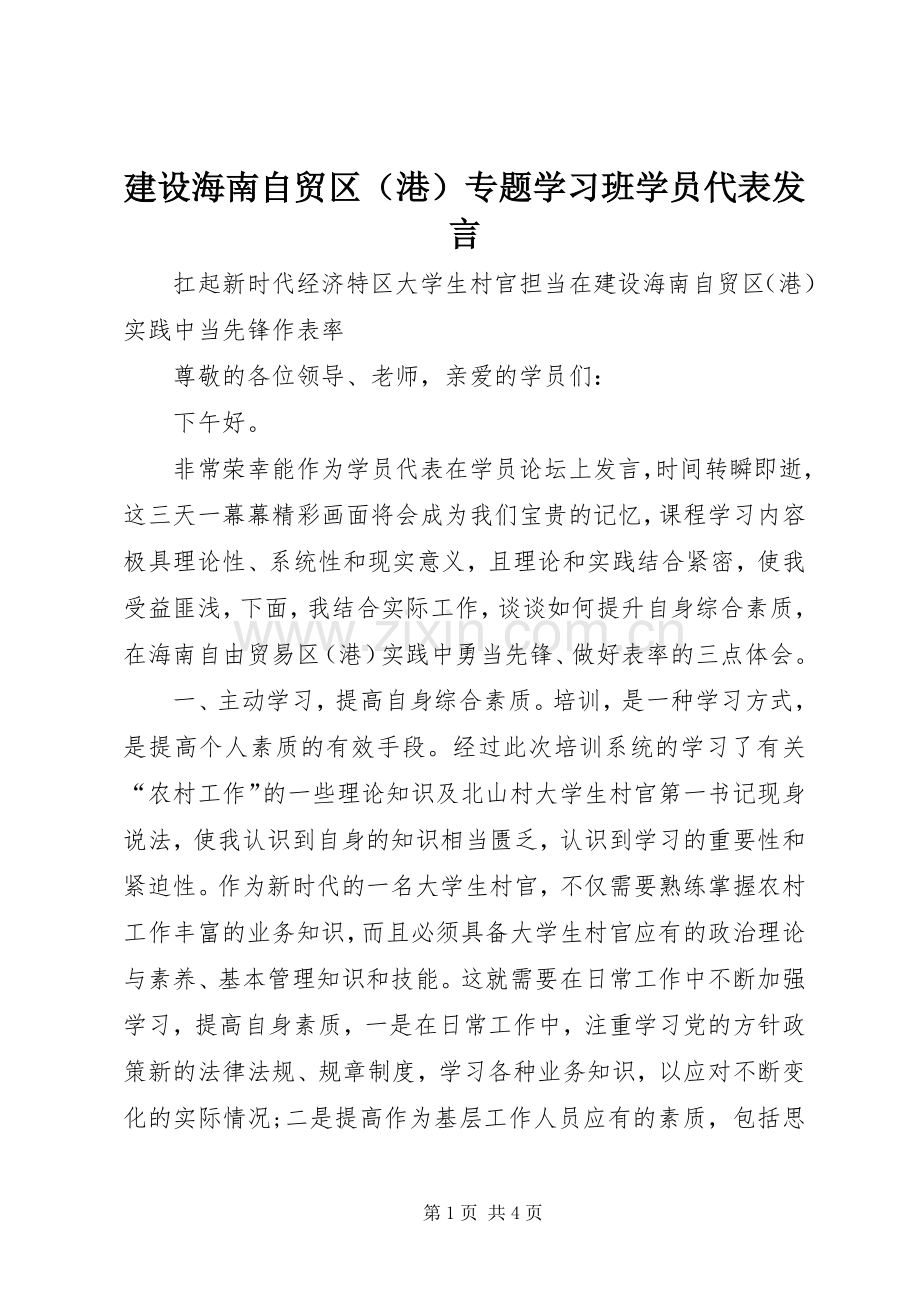 建设海南自贸区（港）专题学习班学员代表发言.docx_第1页