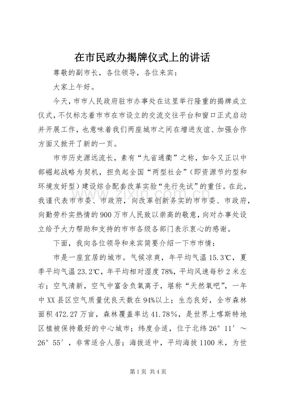 在市民政办揭牌仪式上的讲话.docx_第1页