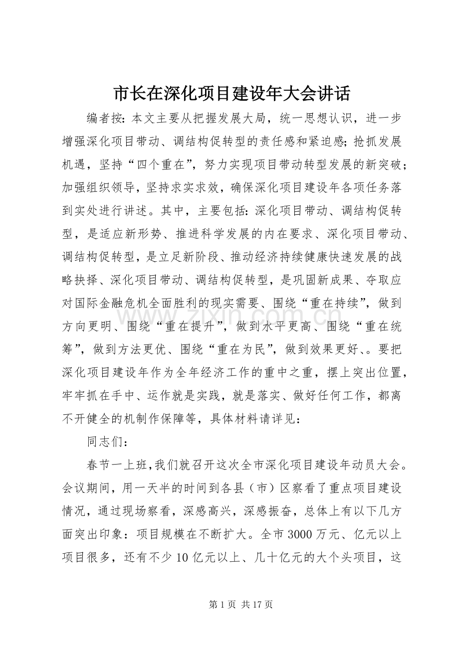 市长在深化项目建设年大会讲话.docx_第1页