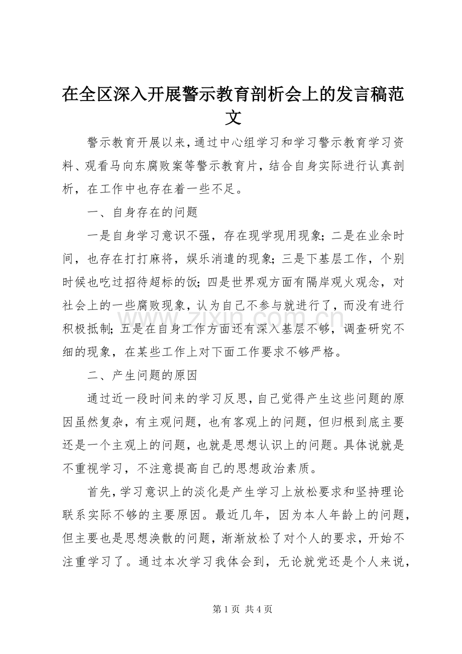 在全区深入开展警示教育剖析会上的发言稿范文.docx_第1页