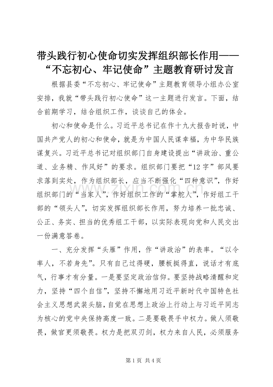 带头践行初心使命切实发挥组织部长作用——“不忘初心、牢记使命”主题教育研讨发言.docx_第1页