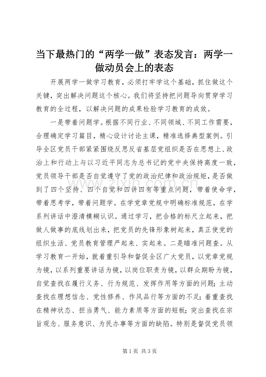 当下最热门的“两学一做”表态发言：两学一做动员会上的表态.docx_第1页