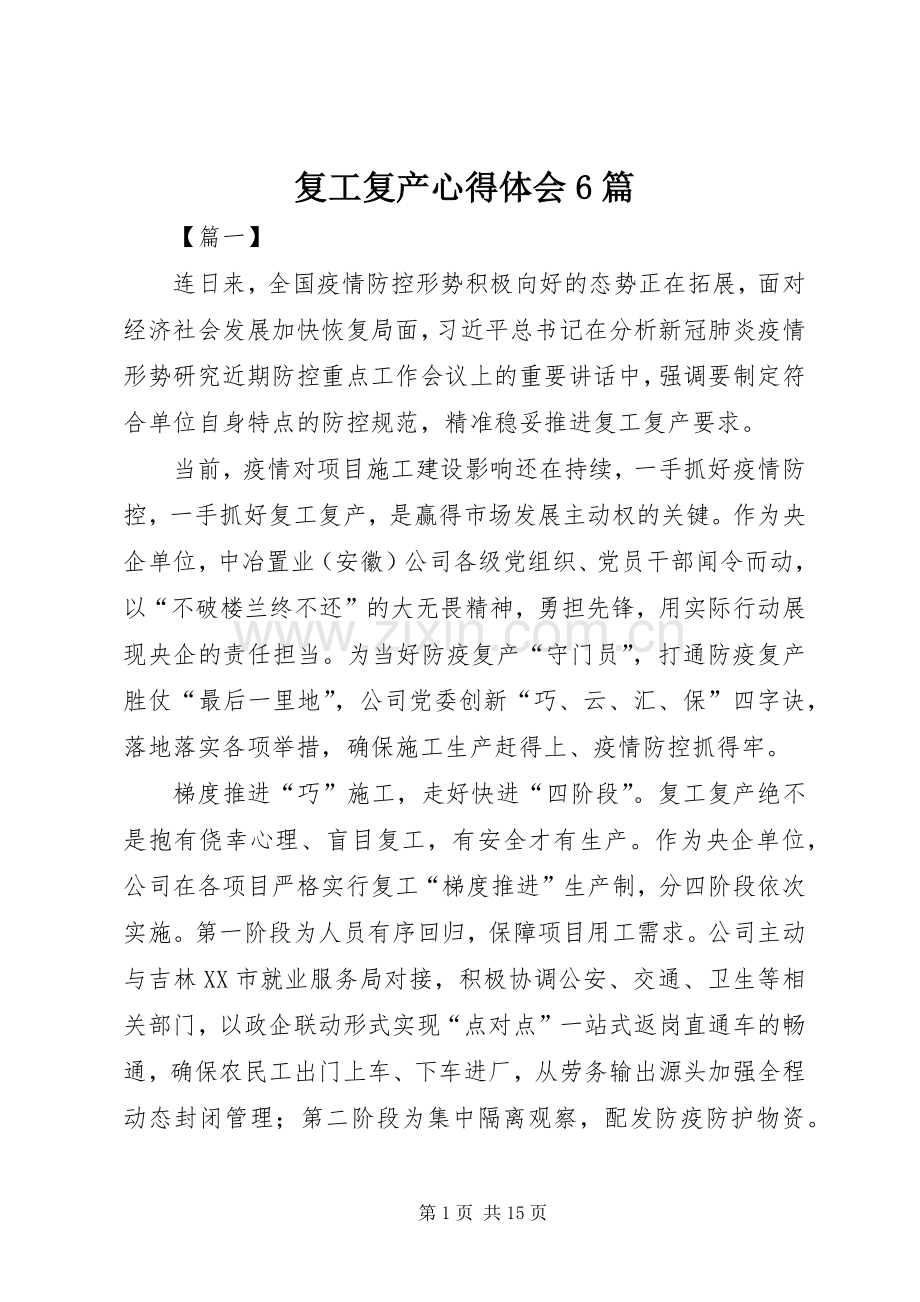 复工复产心得体会6篇.docx_第1页