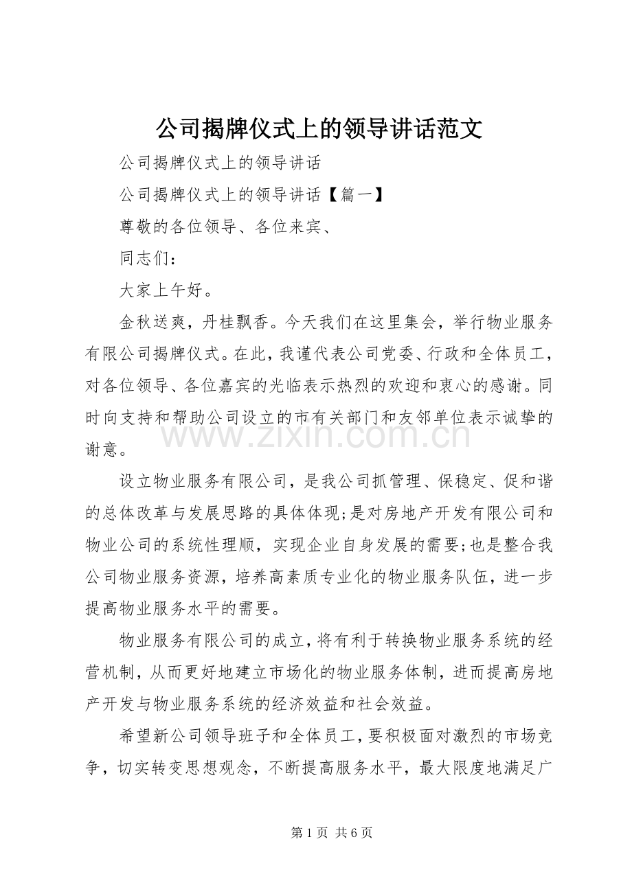 公司揭牌仪式上的领导讲话范文.docx_第1页