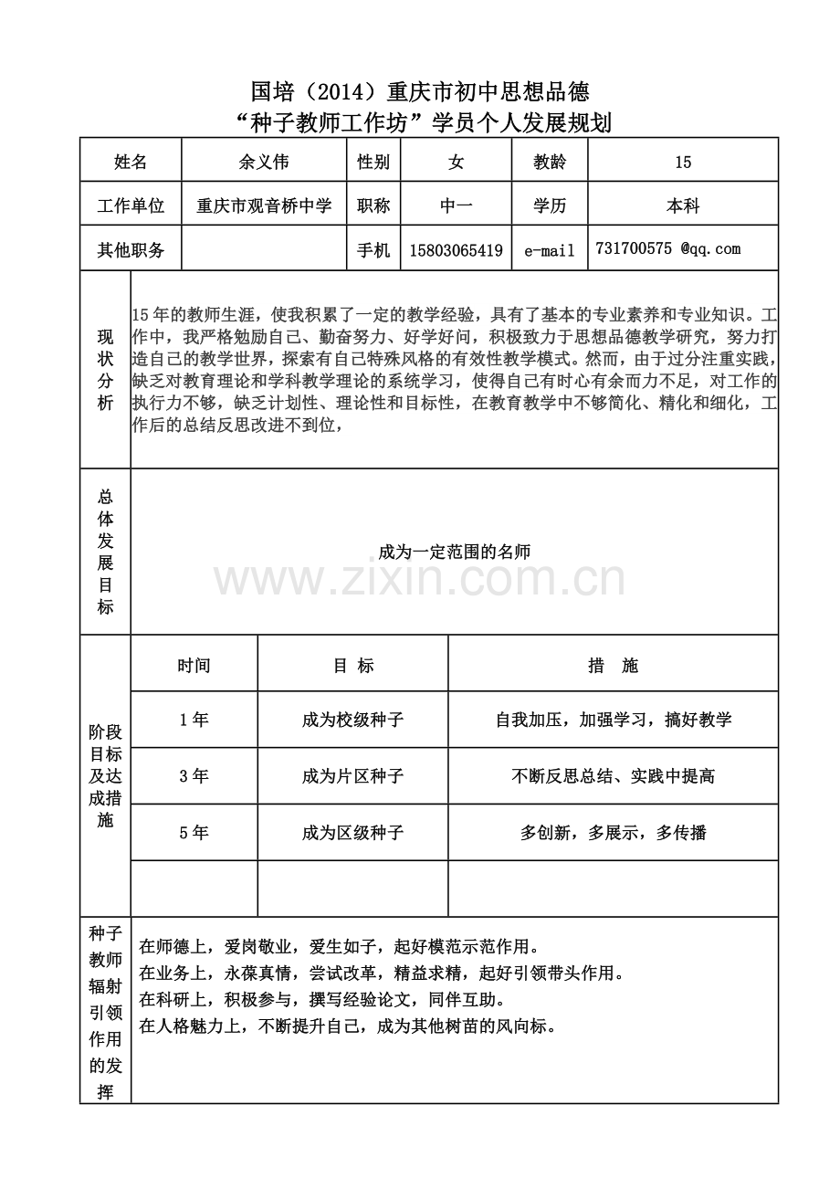 余义伟种子教师工作坊”学员个人发展规划.doc_第1页
