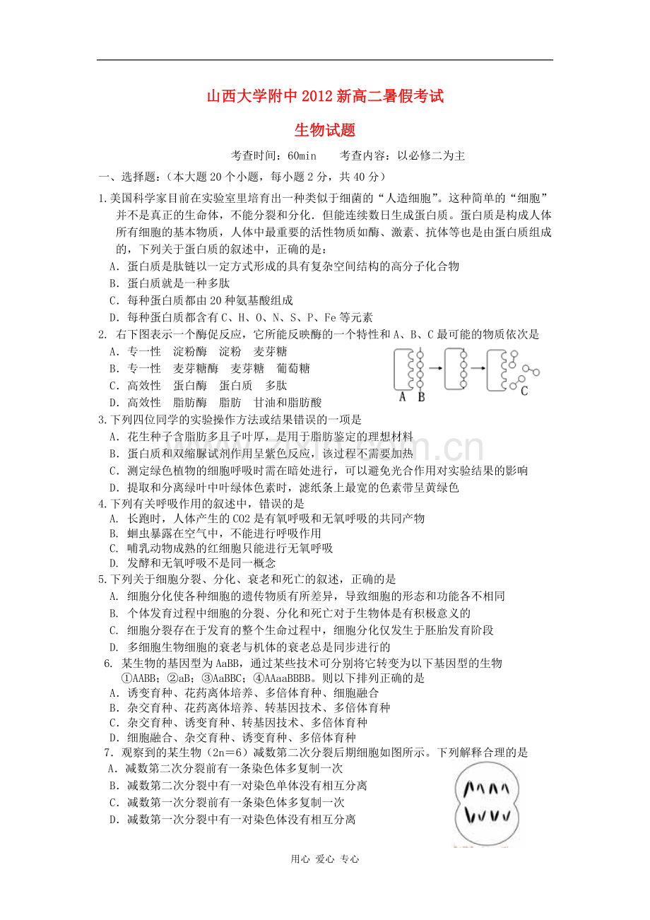 山西省山大附中2012-2013学年高二生物暑假考试题.doc_第1页