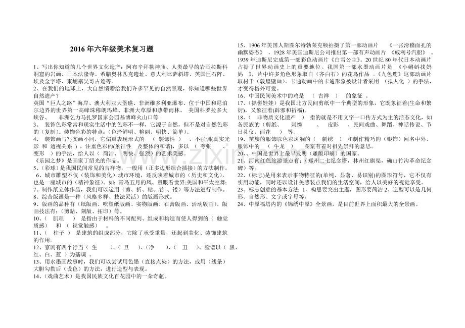 2015年六年级美术复习题.1doc.doc_第1页