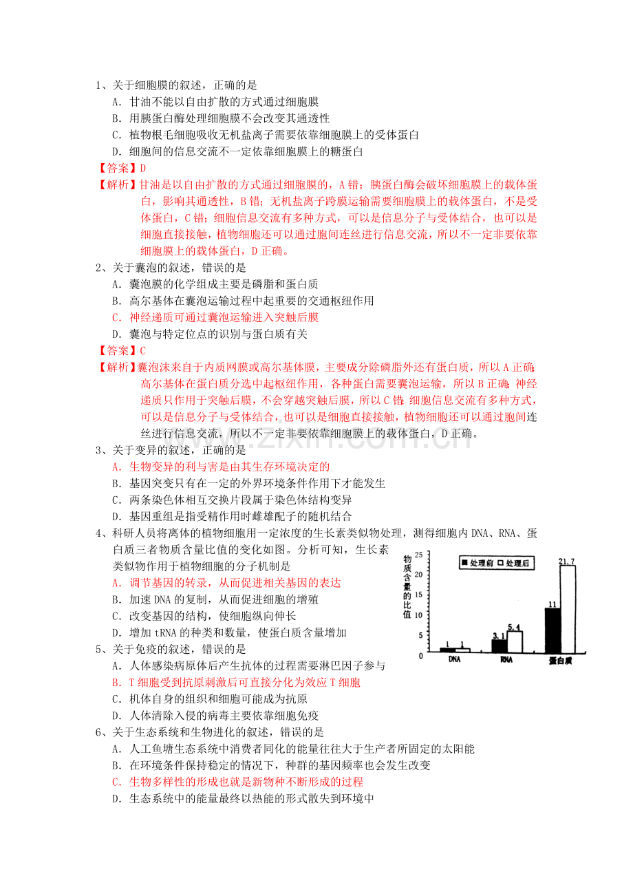 2015兰州市高三第一次诊诊断考试题(生物部分).doc_第1页