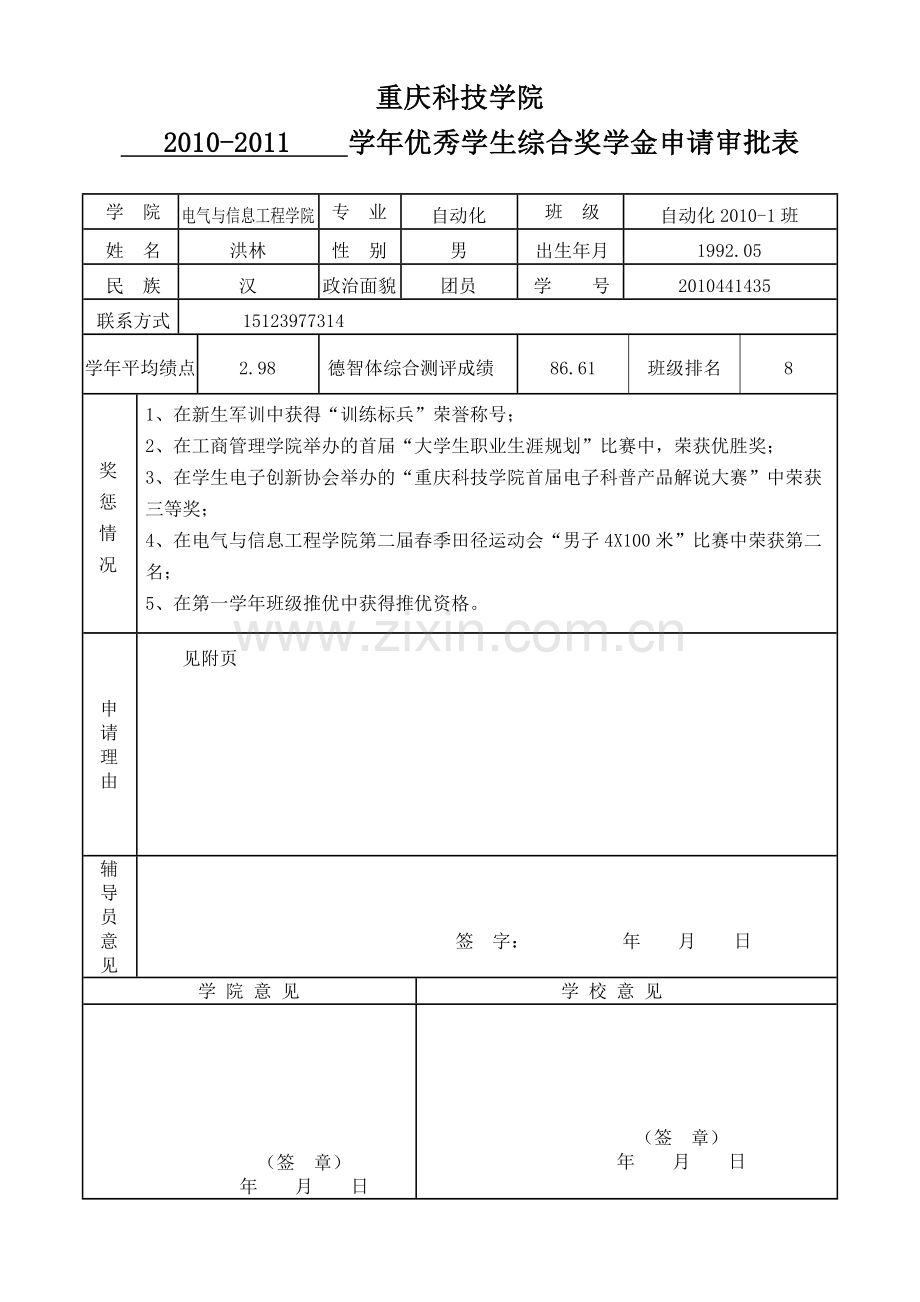 优秀学生综合奖学金申请审批表.doc_第1页