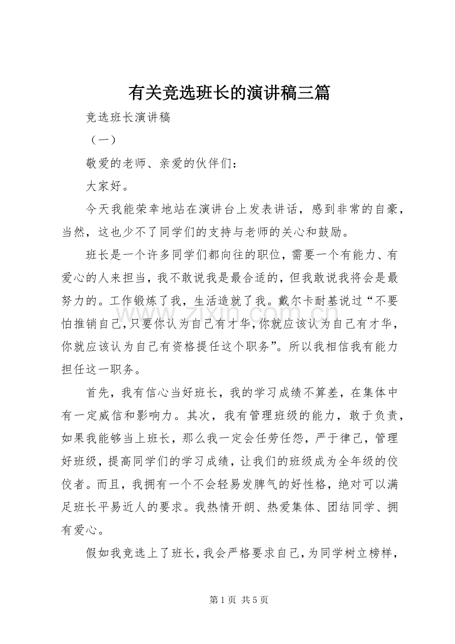 有关竞选班长的演讲稿三篇.docx_第1页