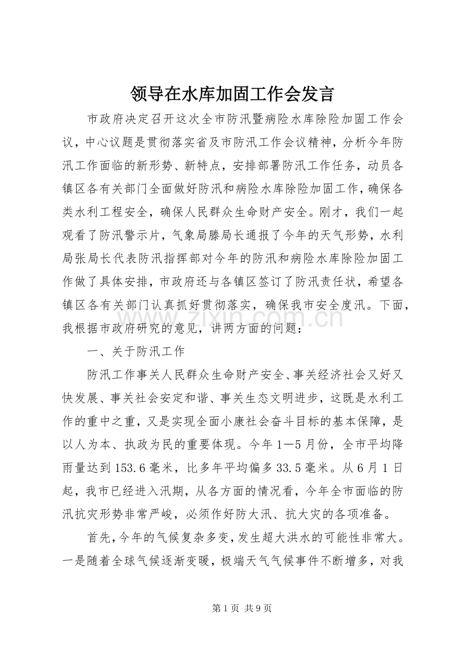 领导在水库加固工作会发言.docx_第1页