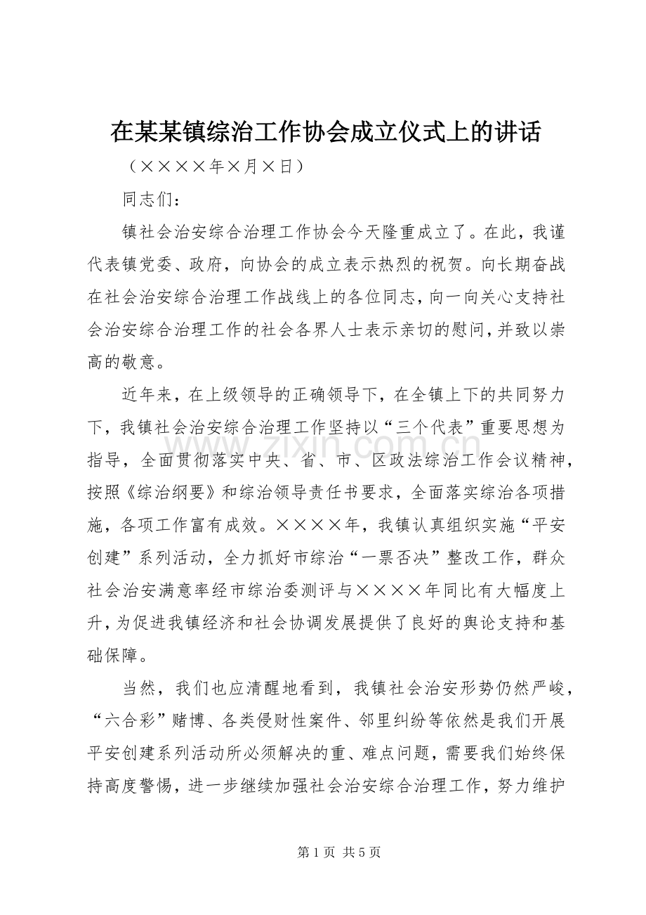 在某某镇综治工作协会成立仪式上的讲话.docx_第1页