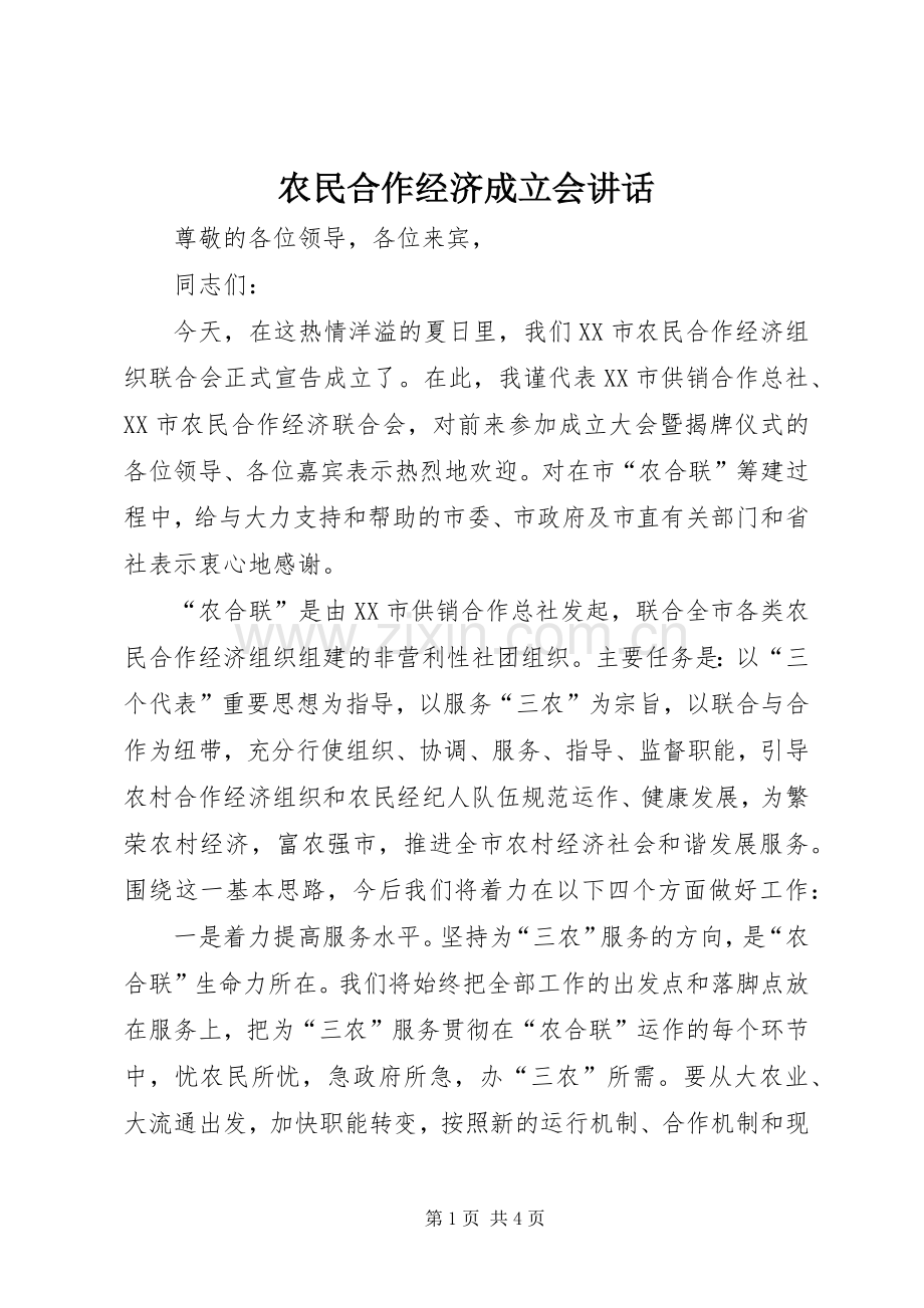 农民合作经济成立会讲话.docx_第1页