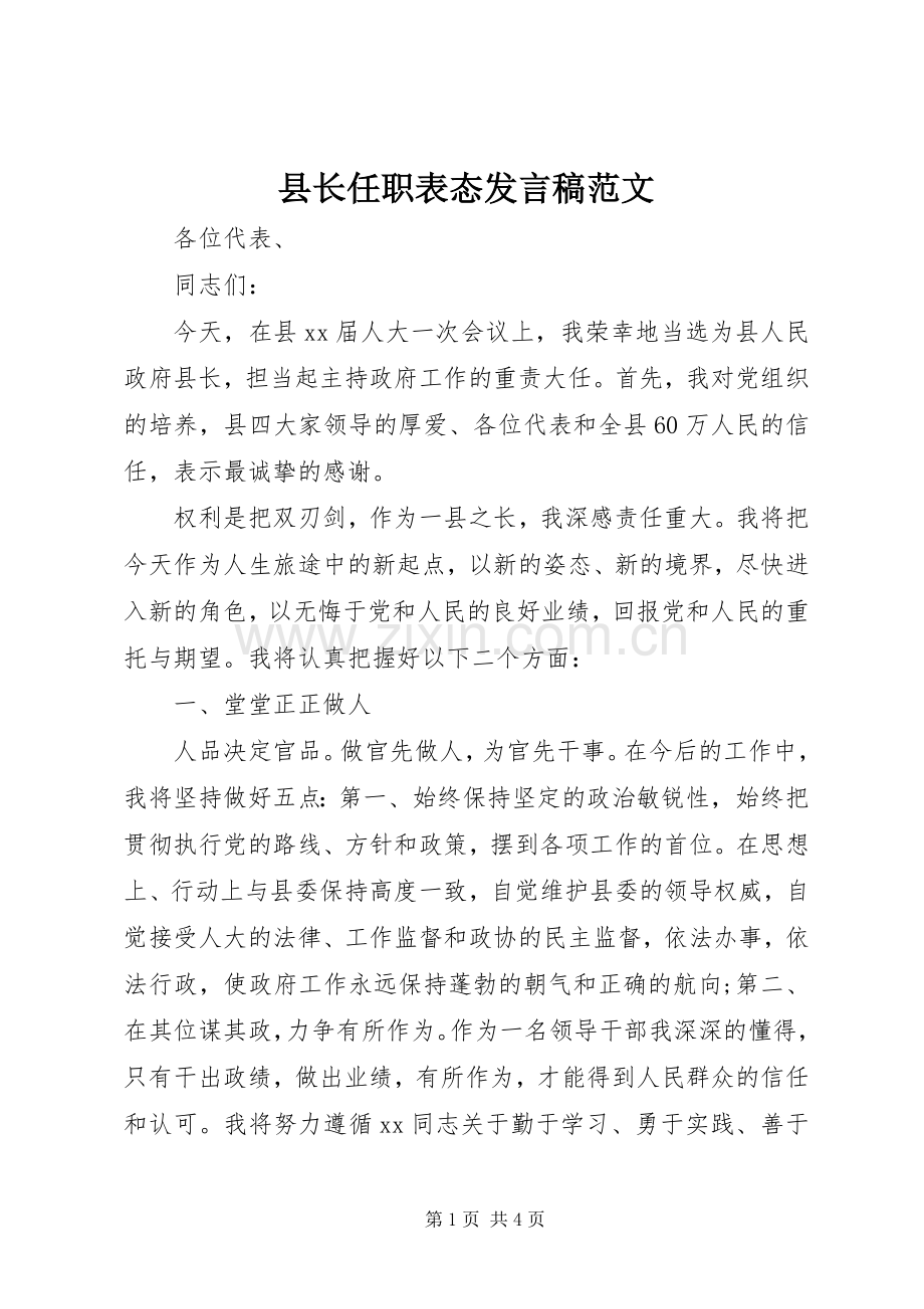 县长任职表态发言稿范文.docx_第1页