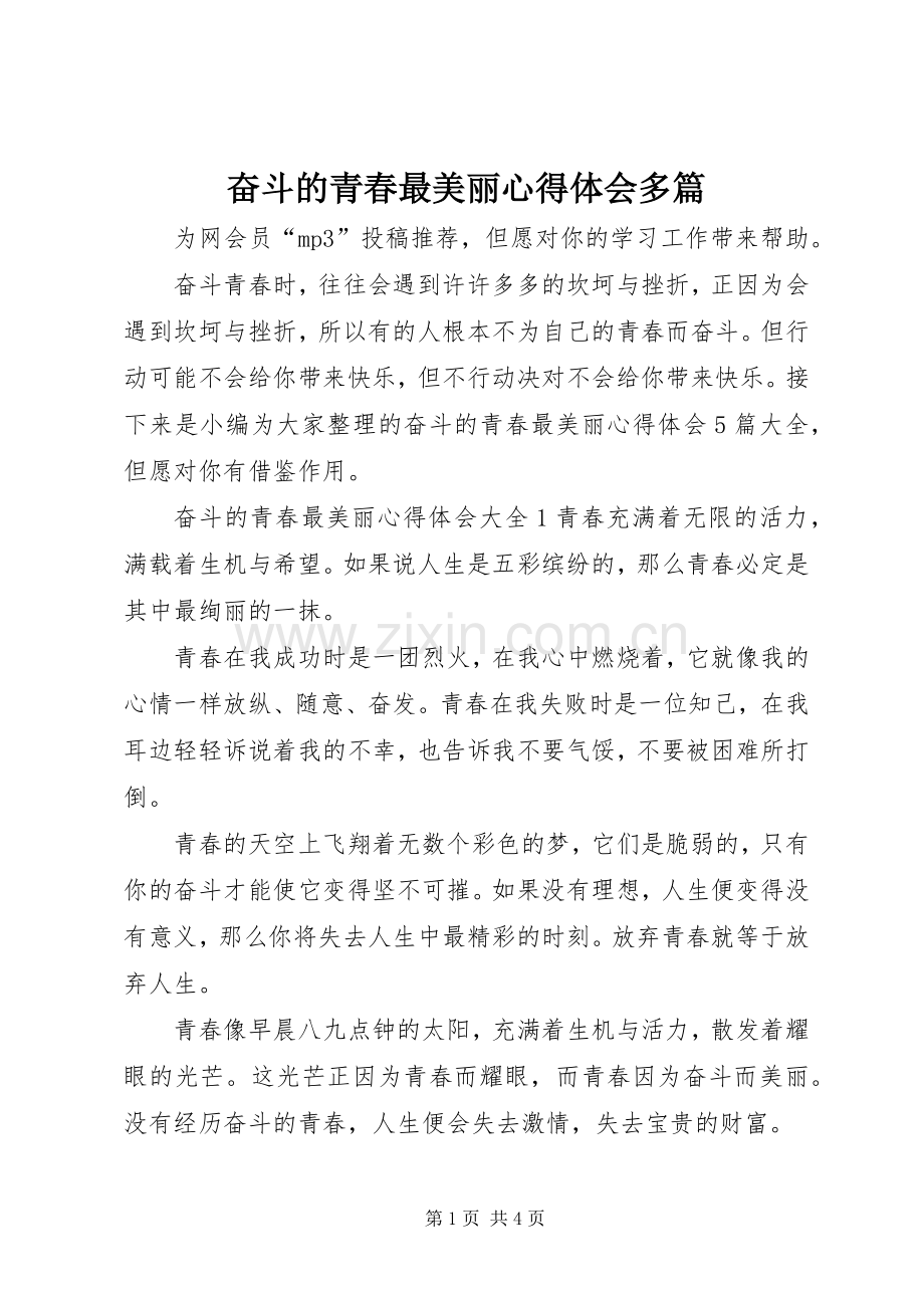 奋斗的青春最美丽心得体会多篇.docx_第1页