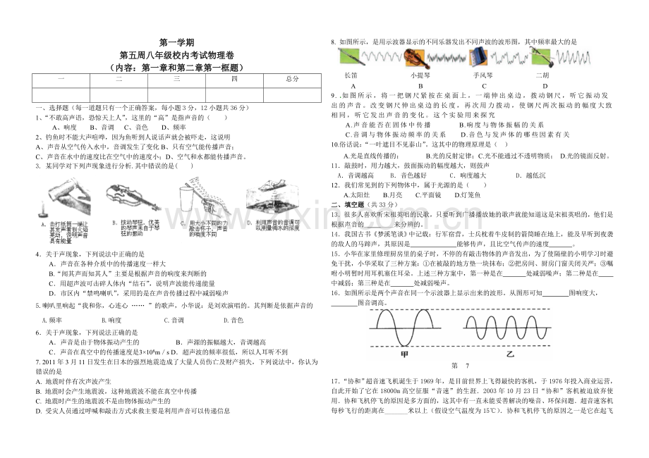 人教版第一学期八年级物理第一次阶段考.doc_第1页