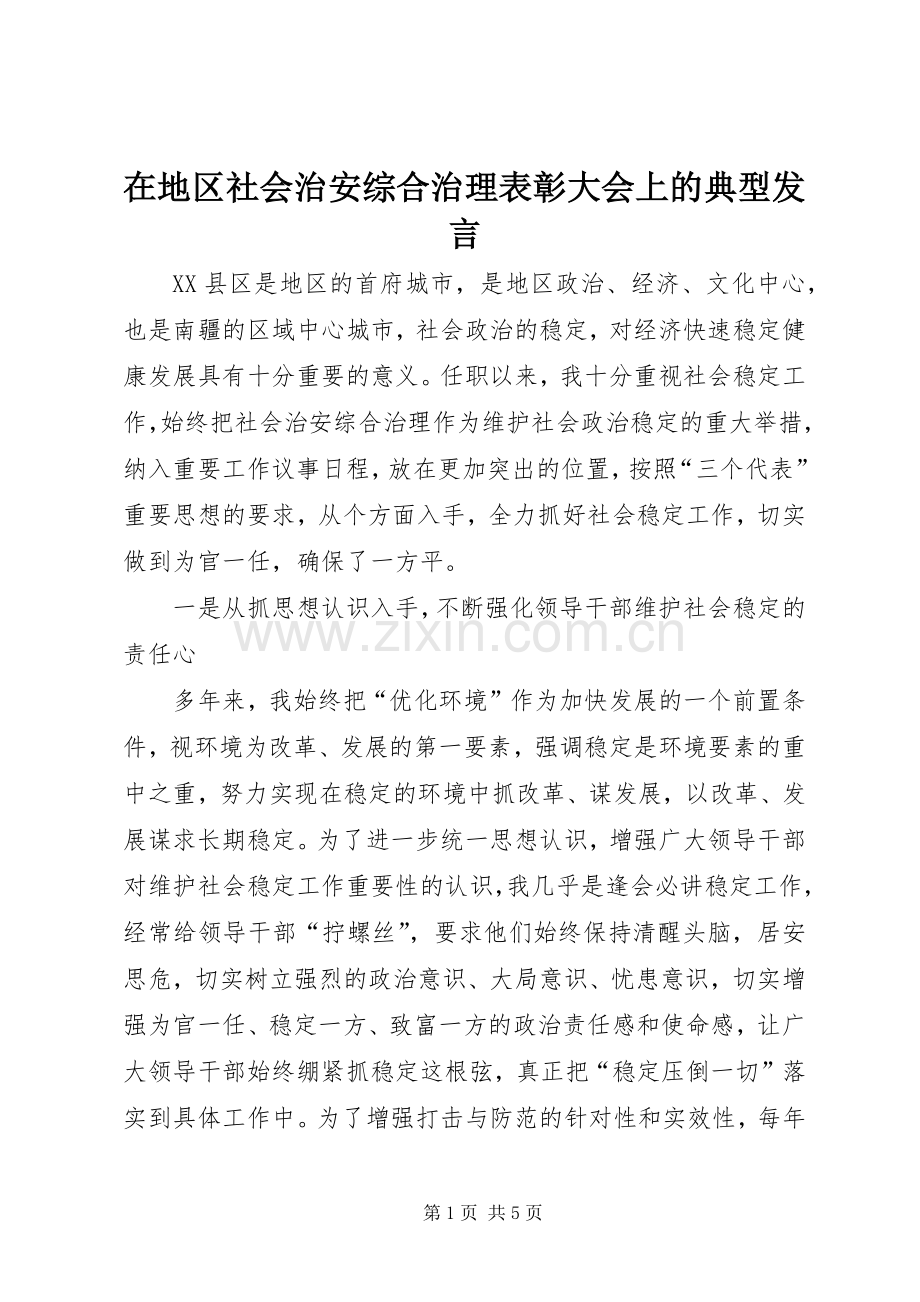 在地区社会治安综合治理表彰大会上的典型发言.docx_第1页