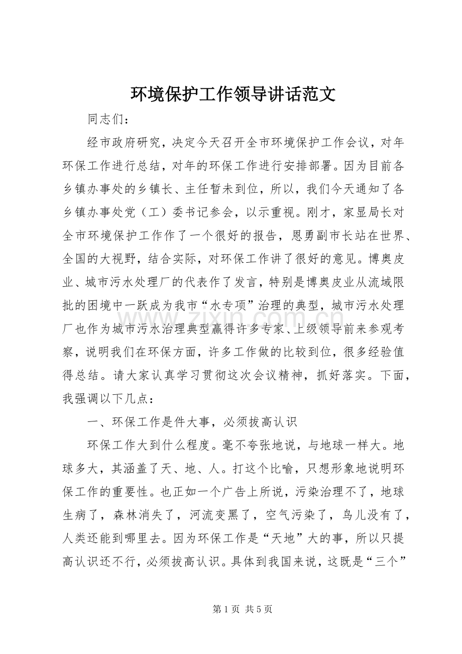 环境保护工作领导讲话范文.docx_第1页