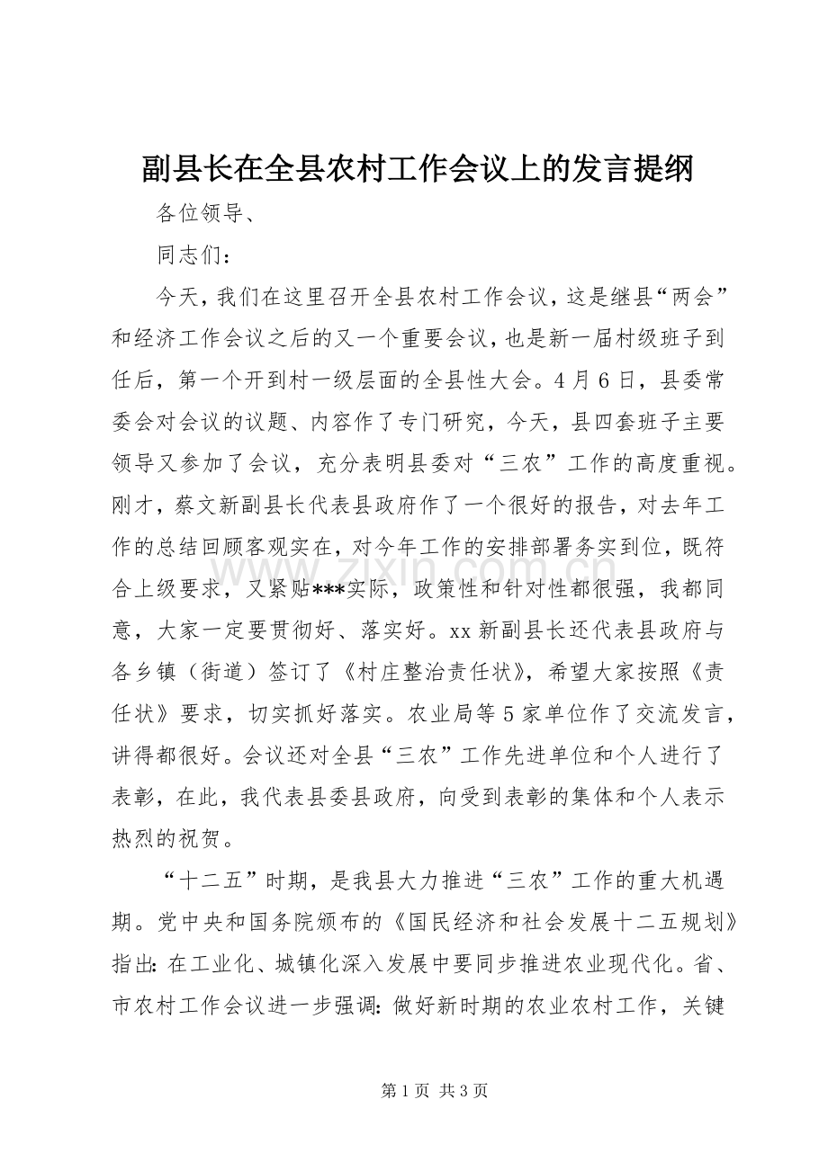 副县长在全县农村工作会议上的发言提纲.docx_第1页