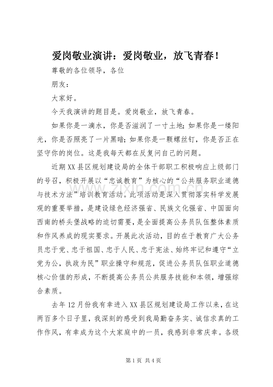 爱岗敬业演讲：爱岗敬业放飞青春！.docx_第1页