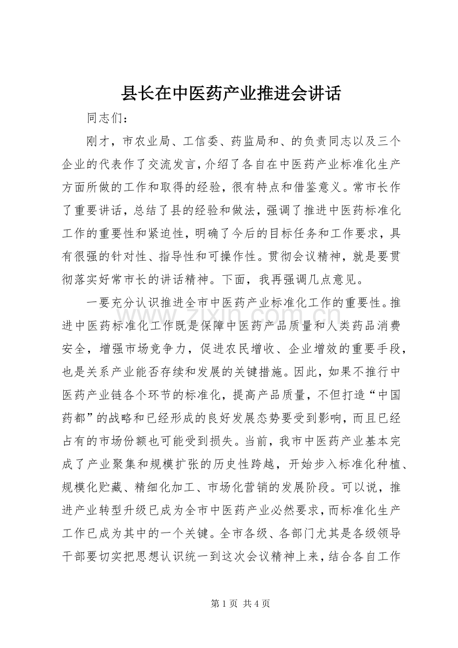 县长在中医药产业推进会讲话.docx_第1页