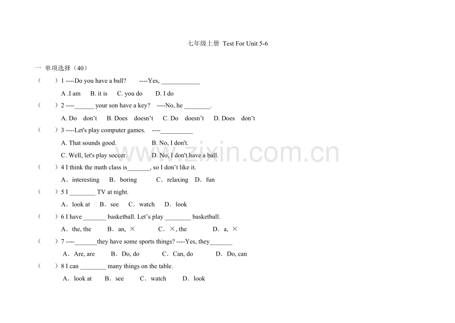 人教版七年级英语上册5,6单元测试题.doc_第1页
