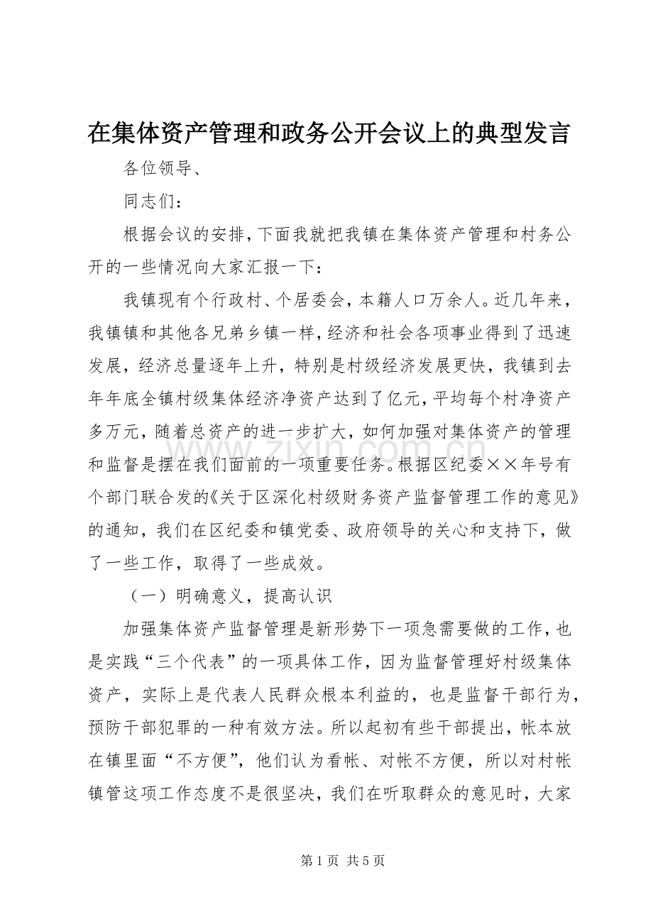 在集体资产管理和政务公开会议上的典型发言.docx_第1页