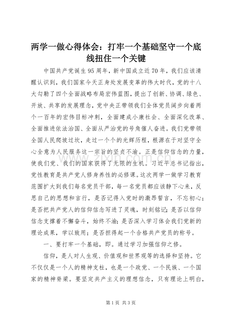 两学一做心得体会：打牢一个基础坚守一个底线扭住一个关键.docx_第1页