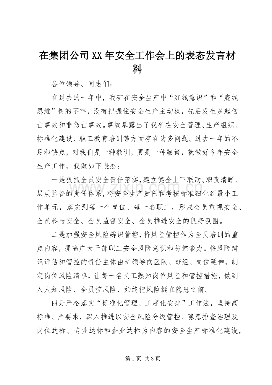 在集团公司XX年安全工作会上的表态发言材料.docx_第1页