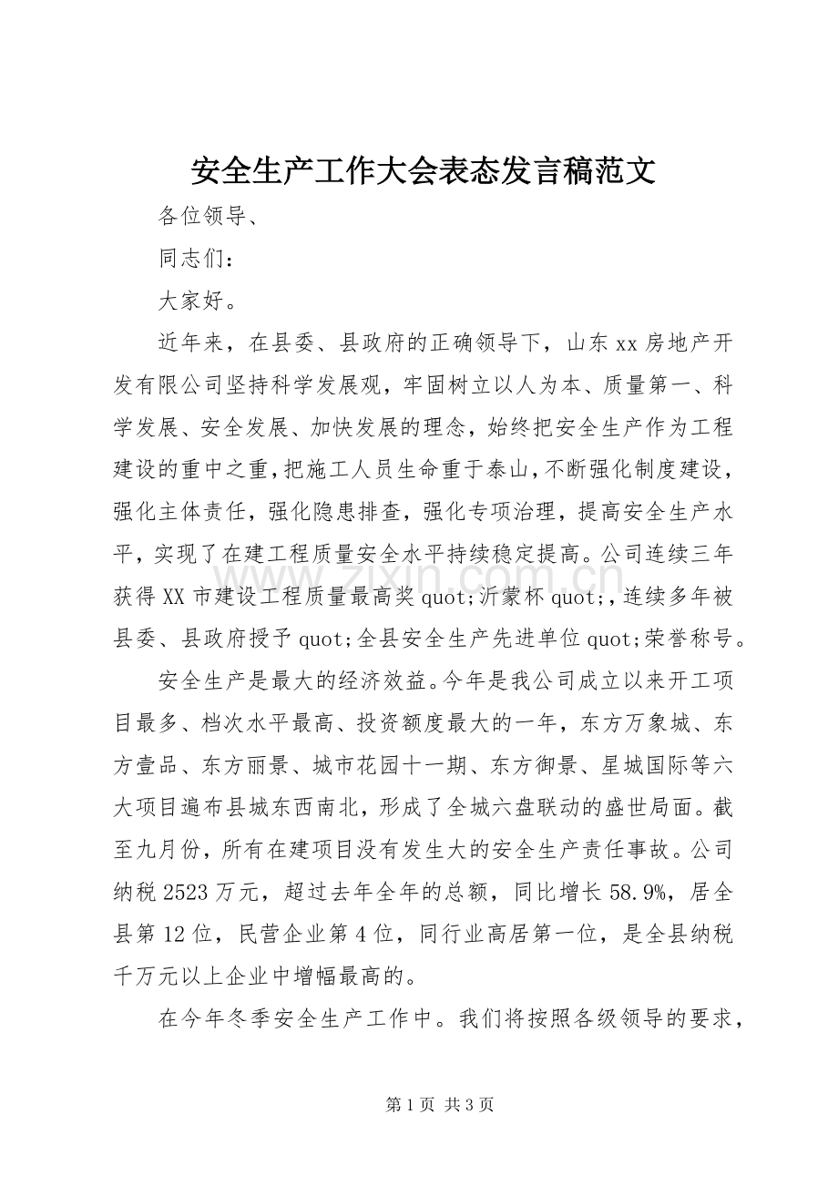 安全生产工作大会表态发言稿范文.docx_第1页