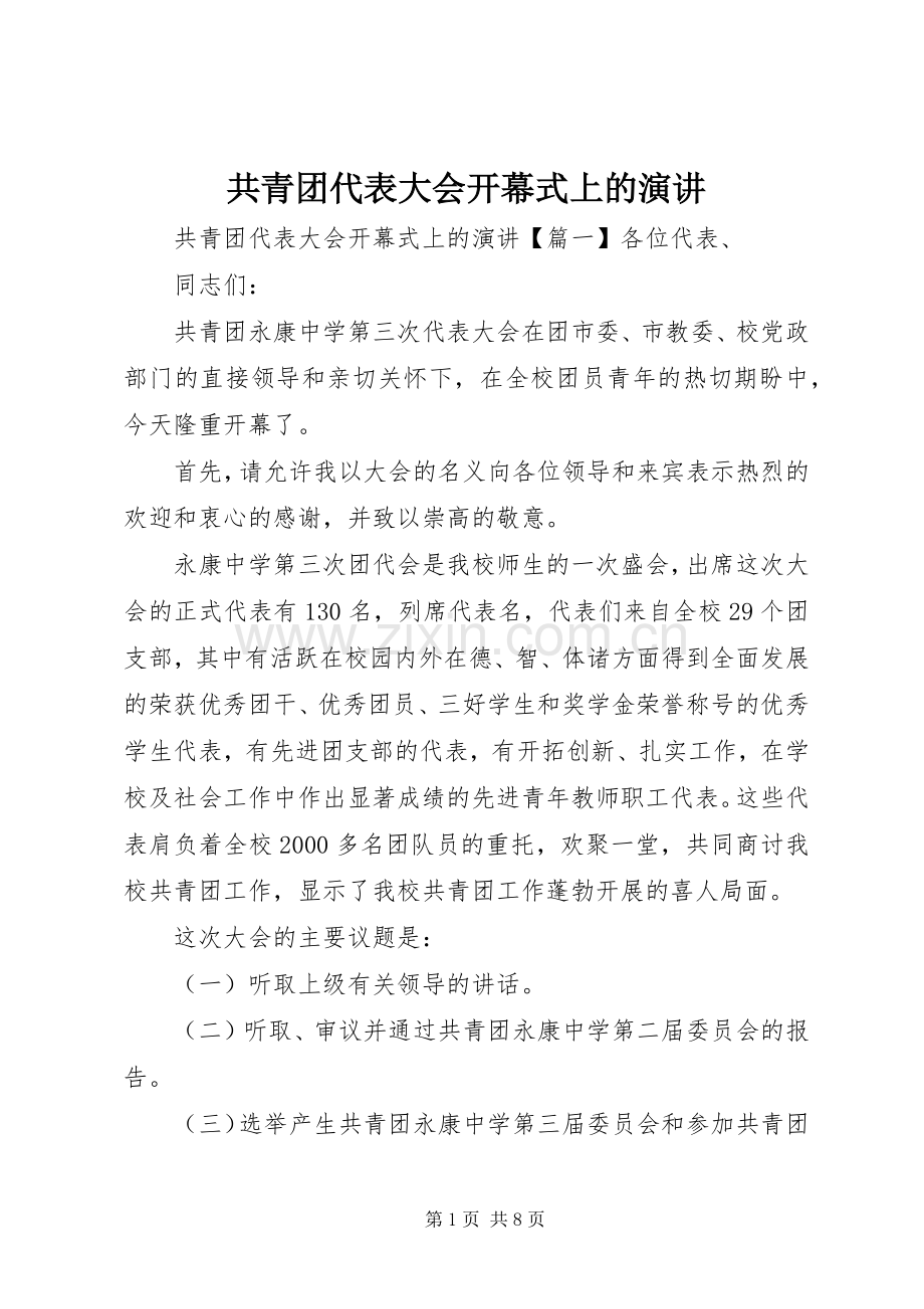 共青团代表大会开幕式上的演讲.docx_第1页