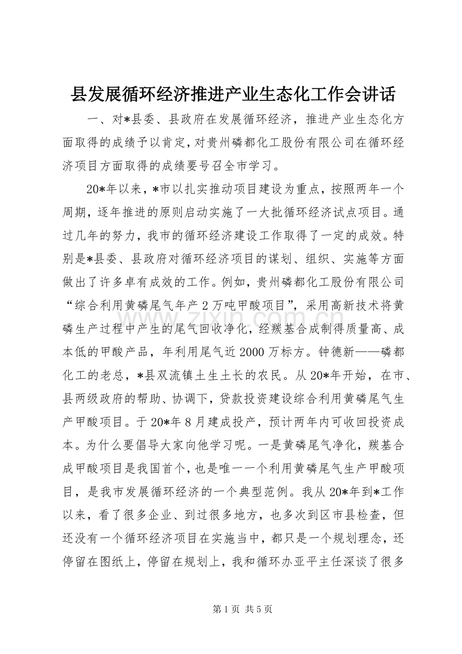 县发展循环经济推进产业生态化工作会讲话.docx_第1页