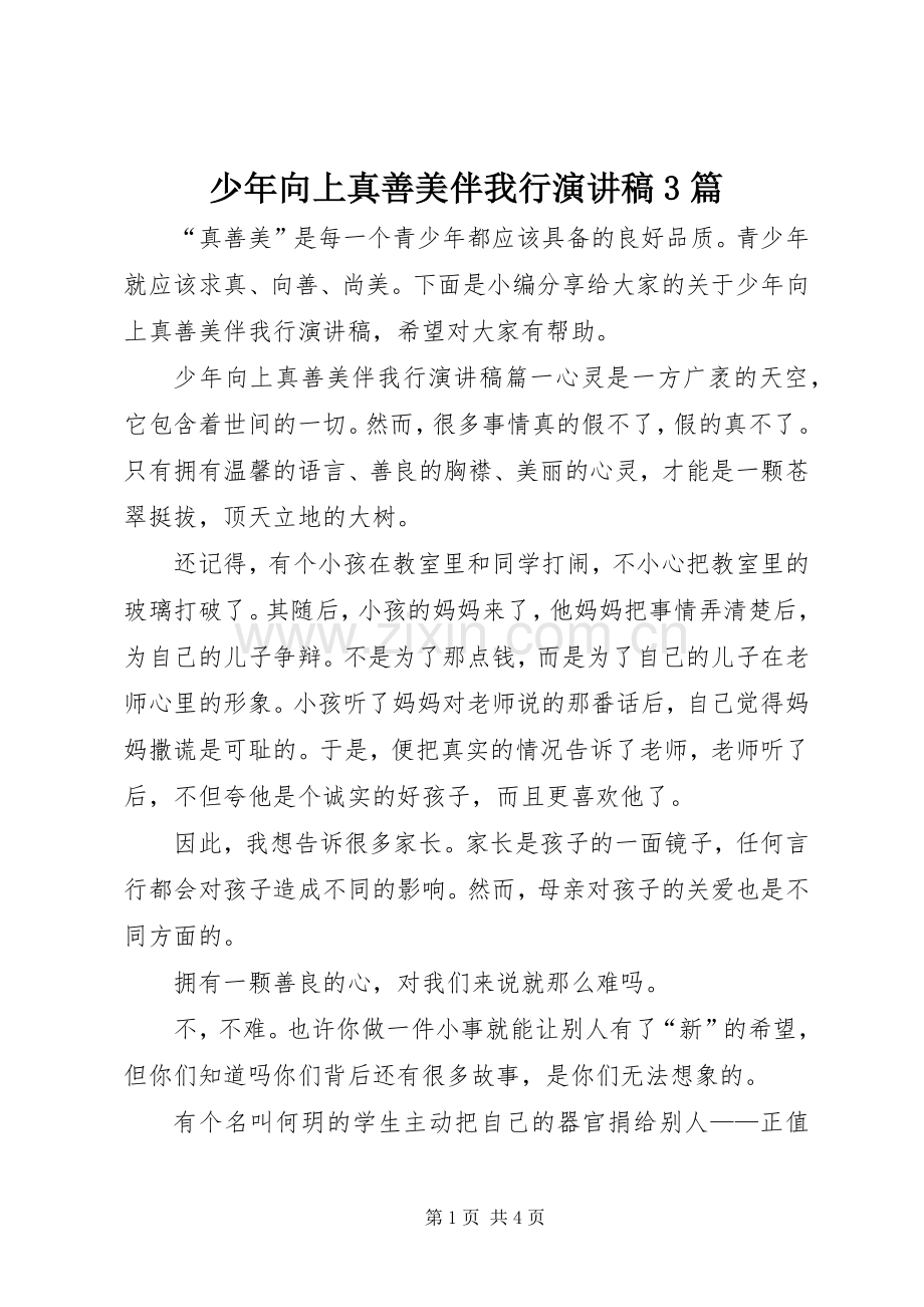少年向上真善美伴我行演讲稿3篇.docx_第1页