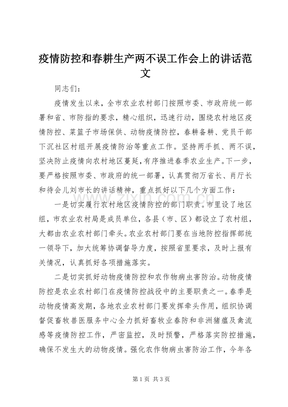疫情防控和春耕生产两不误工作会上的讲话范文.docx_第1页