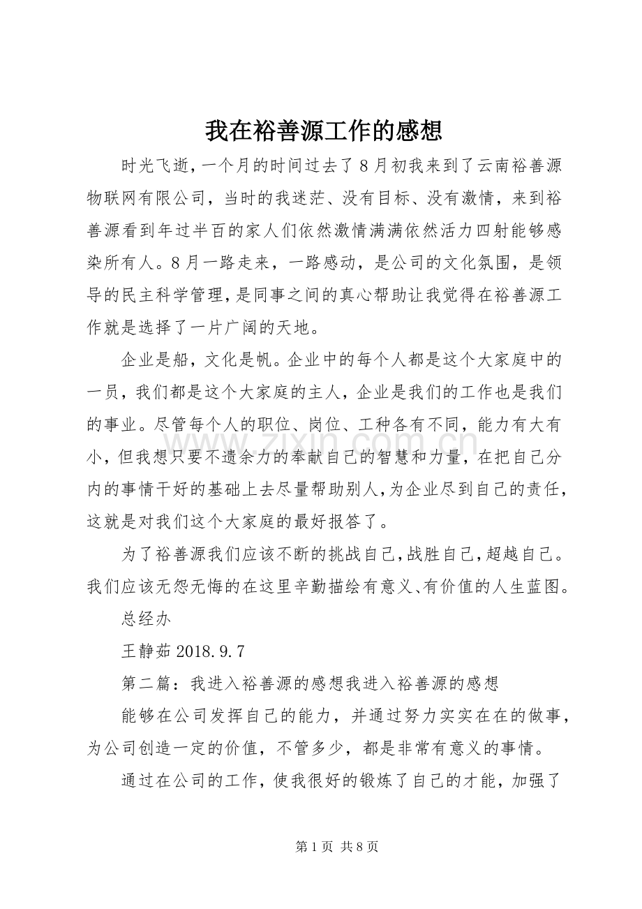 我在裕善源工作的感想.docx_第1页