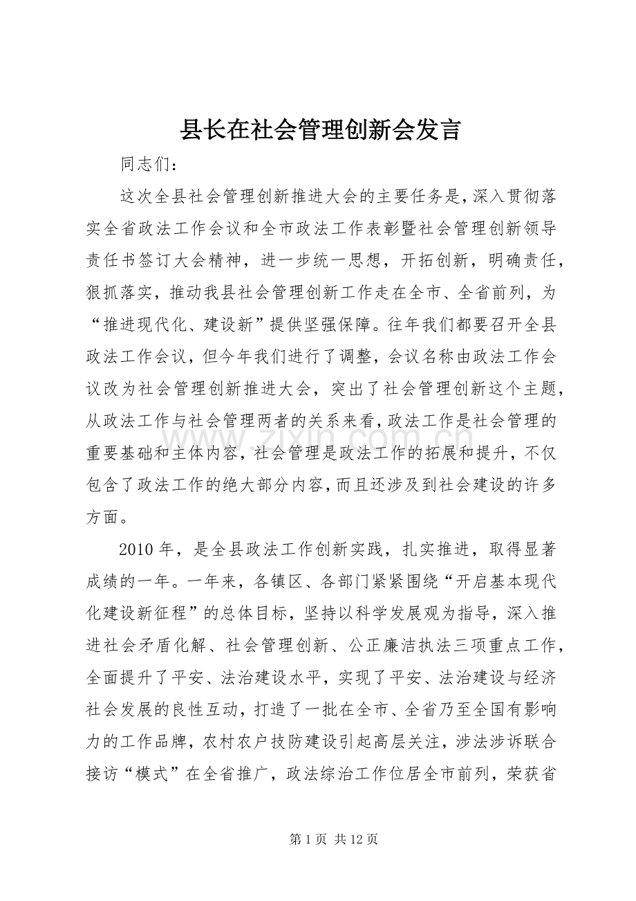 县长在社会管理创新会发言.docx_第1页