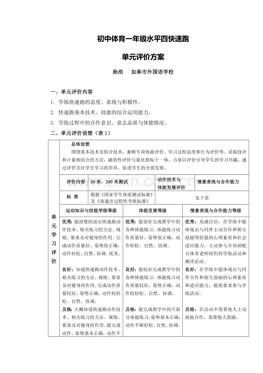 C10初中体育与健康单元学习评价示例：初初中体育与健康快速跑单元2案例解析3单元评价方案.doc_第1页