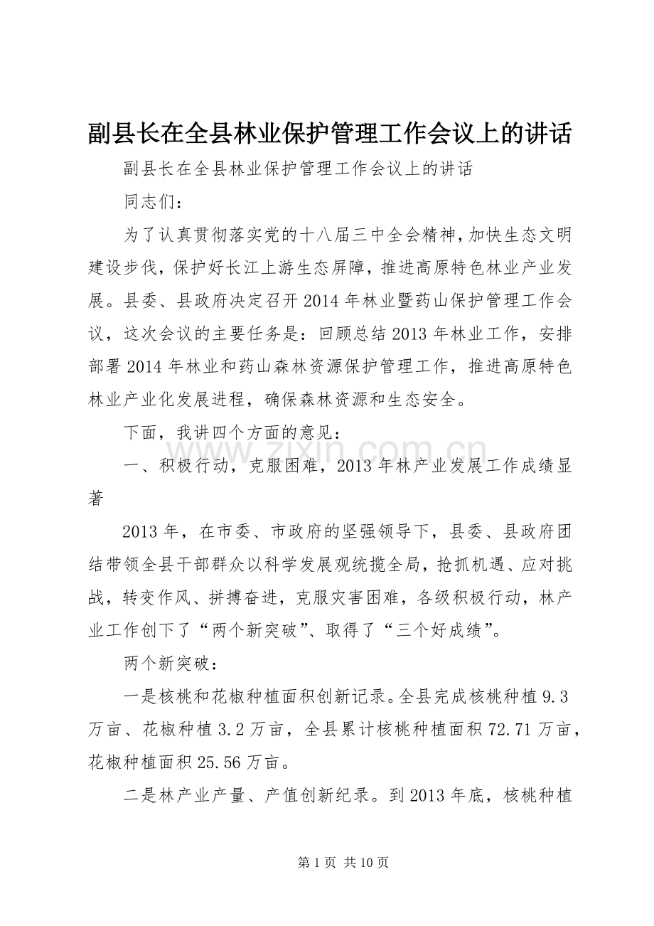 副县长在全县林业保护管理工作会议上的讲话.docx_第1页