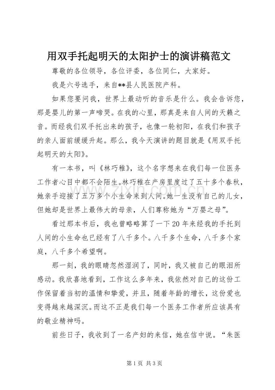 用双手托起明天的太阳护士的演讲稿范文.docx_第1页